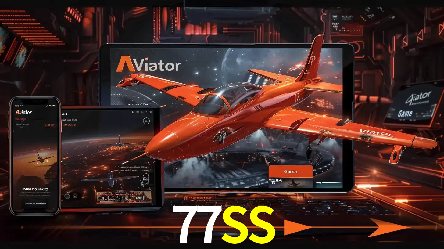Apresentação tecnológica do jogo Aviator com um avião saindo da tela de um tablet, demonstrando a experiência imersiva em múltiplos dispositivos no 77SS.