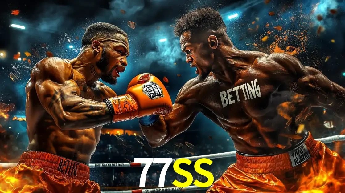 Dois boxeadores em uma luta intensa e explosiva, representando a adrenalina e as oportunidades de apostas em esportes de combate disponíveis na plataforma 77SS.