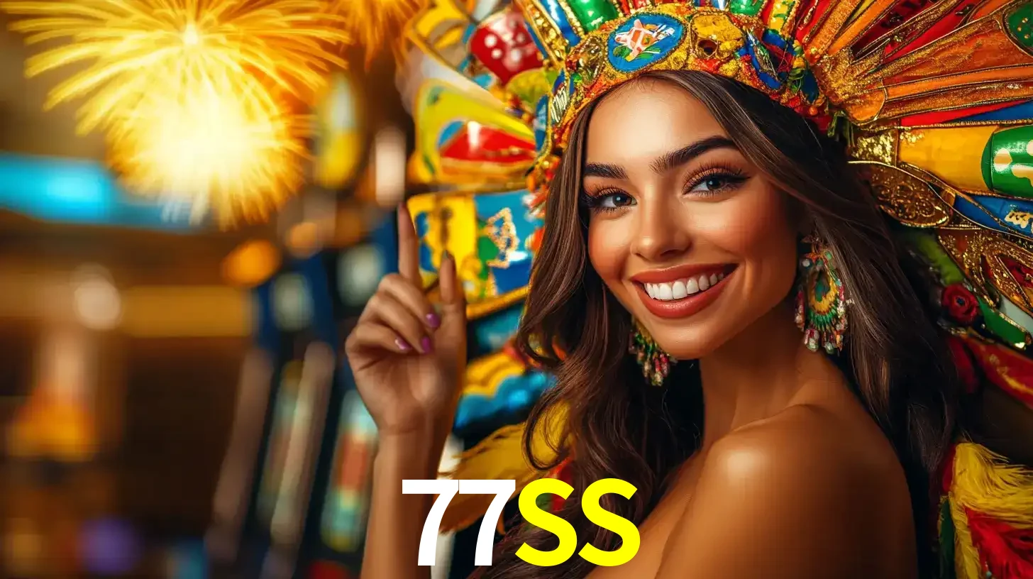 Mulher sorridente com um cocar de carnaval vibrante e colorido, celebrando uma grande vitória nos jogos do cassino 77SS com fogos de artifício ao fundo.