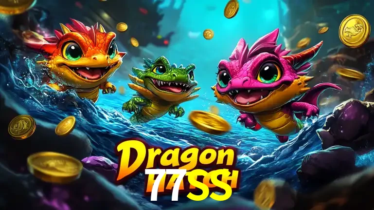 Arte promocional do jogo Dragon Hatch com três adoráveis dragões bebês nadando entre moedas de ouro, um dos slots mais divertidos para jogar no cassino 77SS.