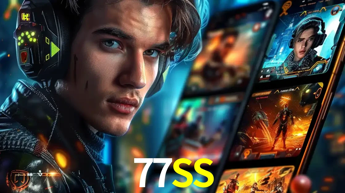 Jovem jogador com fones de ouvido olhando para a câmera, com um aplicativo de jogos e e-sports para celular ao fundo, pronto para a competição e apostas no 77SS.