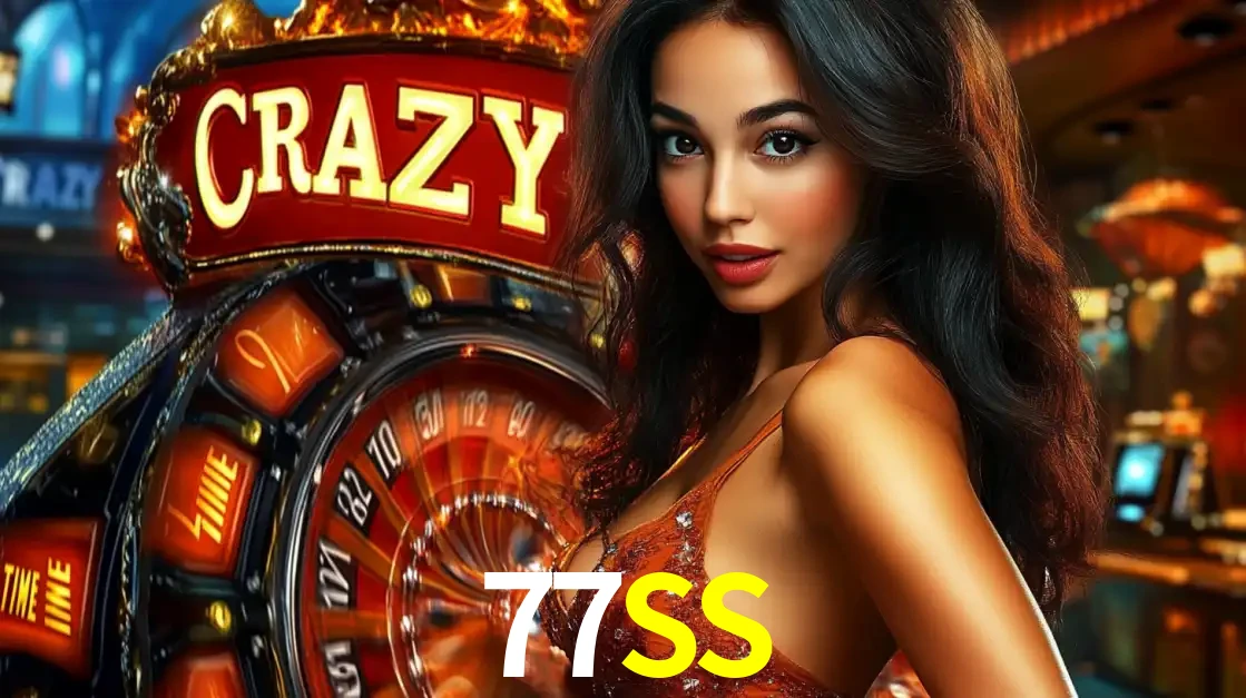 Mulher glamourosa olhando para a câmera com a roda vermelha do Crazy Time ao fundo em um ambiente de cassino, destacando a emoção dos jogos ao vivo no 77SS.