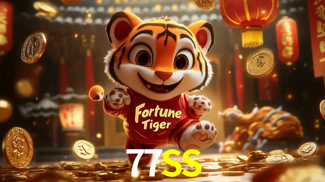 O alegre personagem do Fortune Tiger correndo sobre um caminho de moedas de ouro, simbolizando os grandes prêmios e a diversão do popular jogo de slot do 77SS.