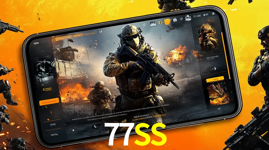 Um smartphone exibindo a interface de um jogo de tiro em primeira pessoa, com um soldado em um cenário de batalha, representando a ação dos e-sports para apostar no 77SS.