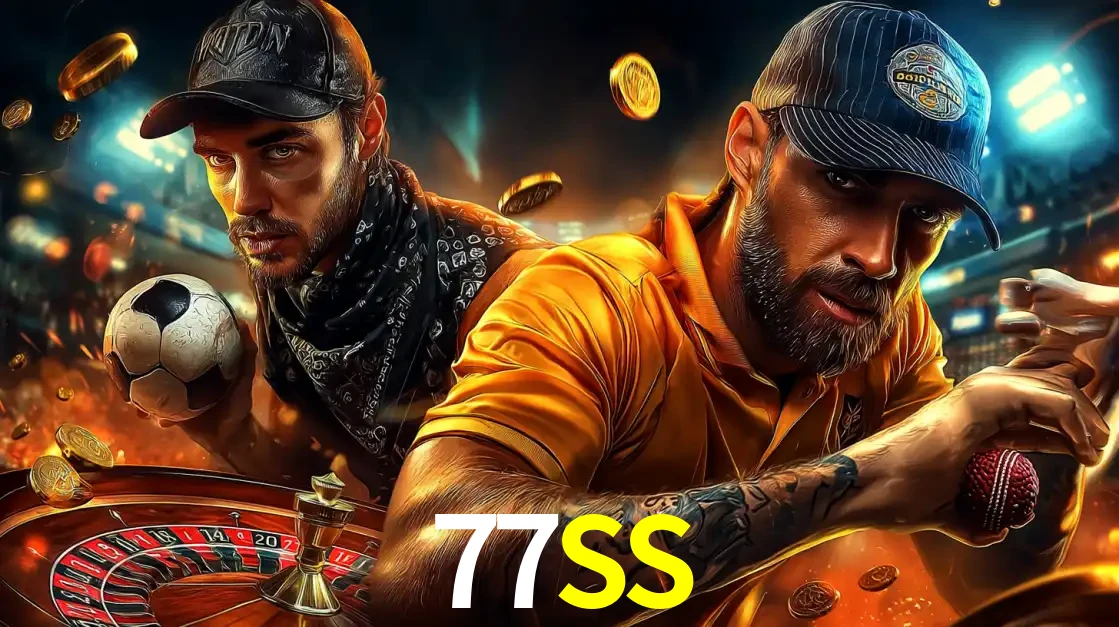 Montagem de apostas esportivas e cassino no 77SS, com um homem segurando uma bola de futebol e outro uma de beisebol sobre uma roleta e moedas voadoras.