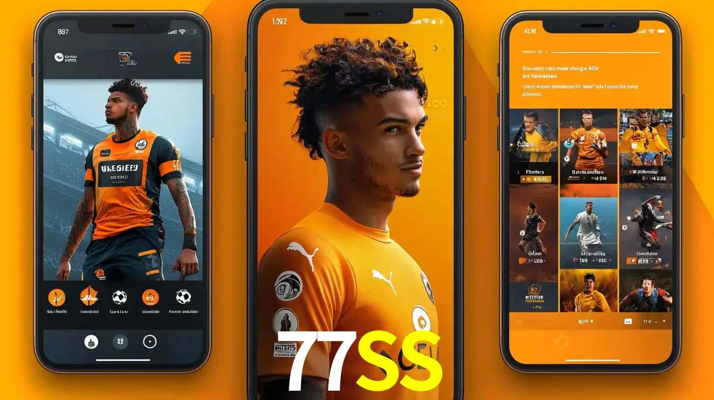 Interface do aplicativo de apostas esportivas 77SS em três telas de celular, mostrando o perfil de um jogador de futebol e a lista de jogos disponíveis para apostar.