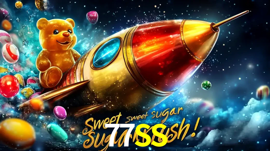 Arte promocional do jogo de slot Sugar Rush, com um urso de pelúcia em um foguete viajando pelo espaço de doces, um dos jogos divertidos disponíveis no cassino 77SS.