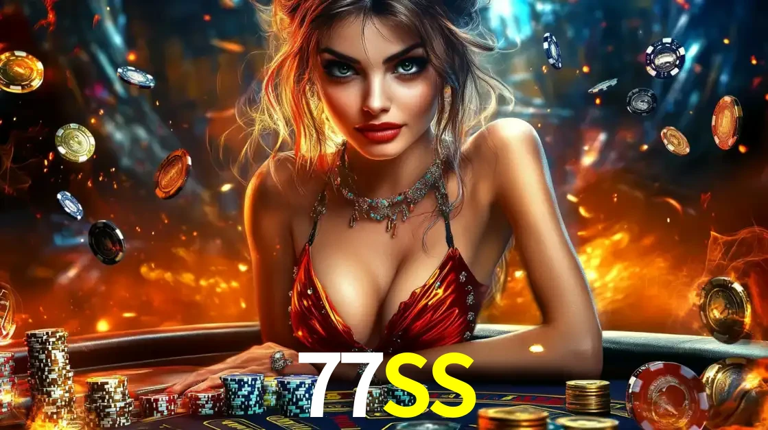 Mulher em uma mesa de cassino com pilhas de fichas e um fundo de fogo, pronta para uma rodada de altas apostas nos jogos de mesa emocionantes do cassino 77SS.