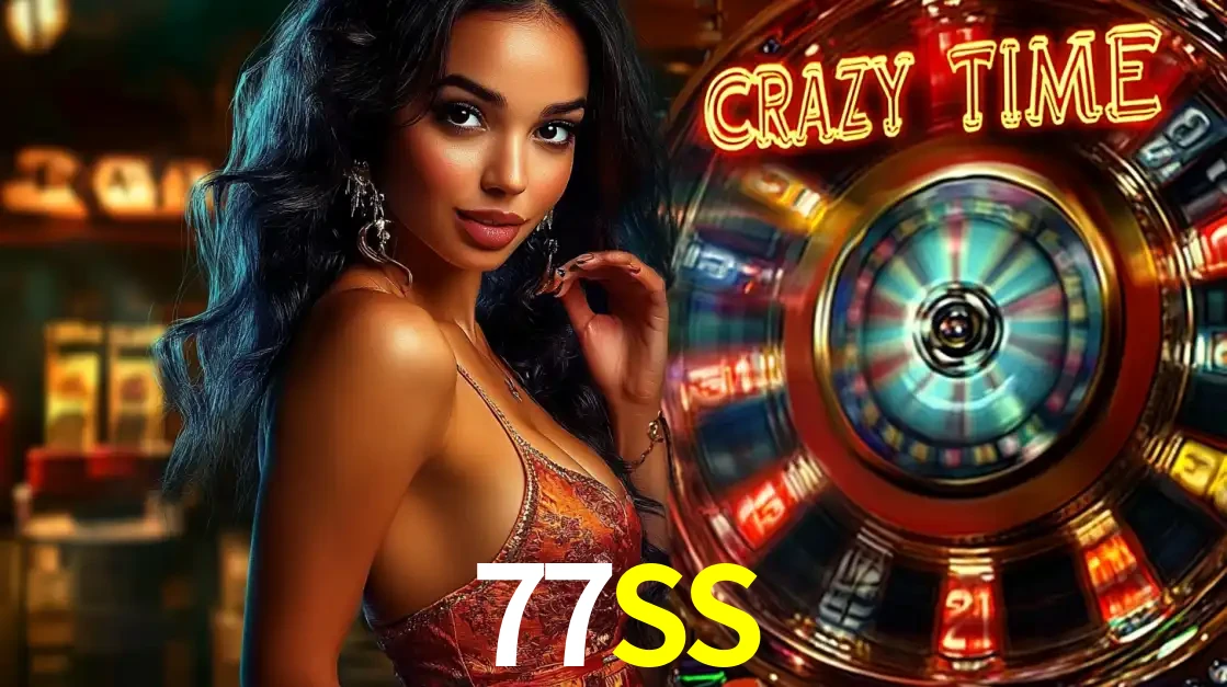 Mulher elegante ao lado da vibrante roda da fortuna do jogo de cassino ao vivo Crazy Time, um dos game shows mais populares e cheios de prêmios do 77SS.