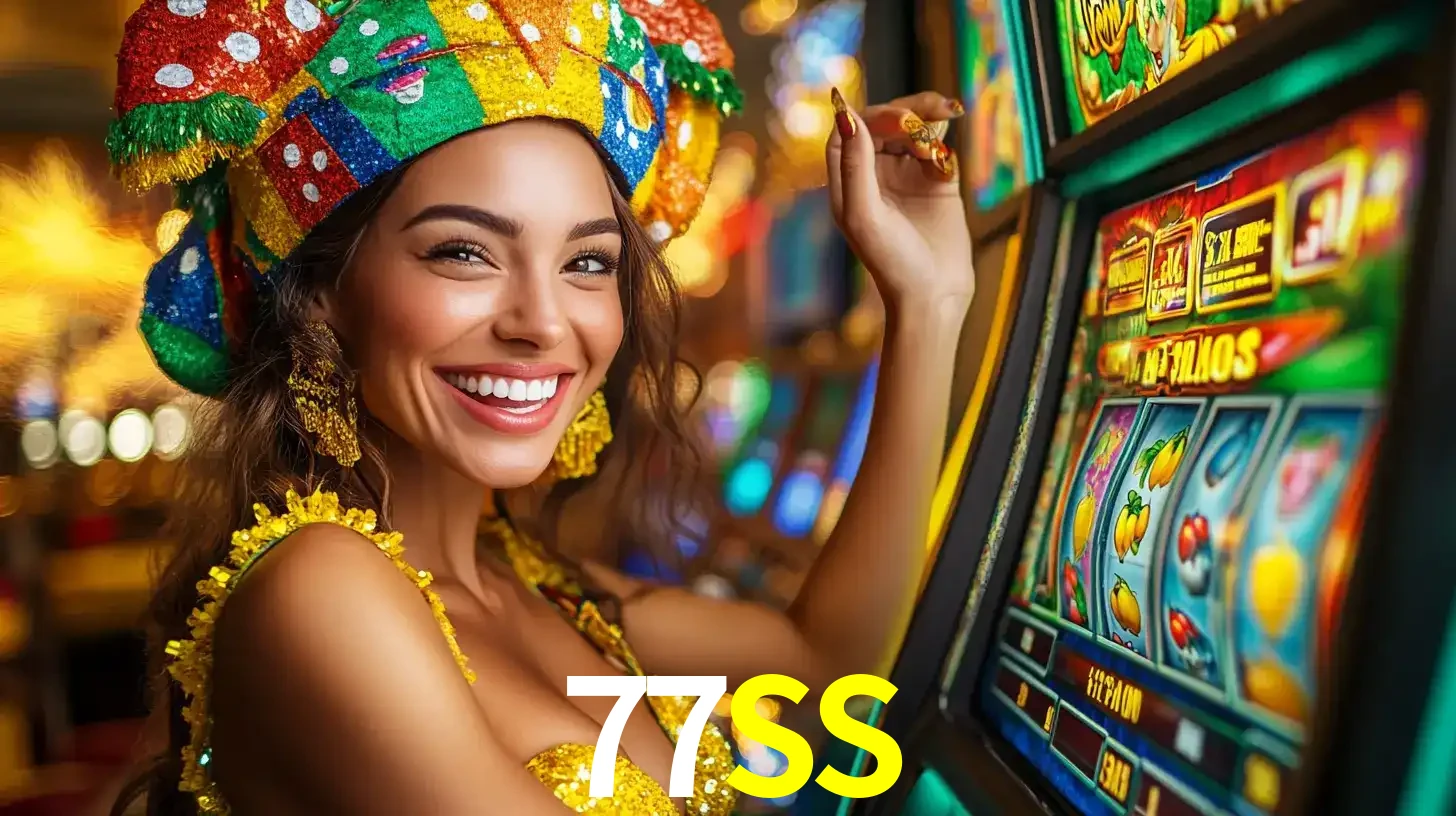 Mulher feliz com traje de carnaval amarelo e colorido ao lado de uma máquina de caça-níqueis, aproveitando a diversão e os jogos temáticos do cassino 77SS.