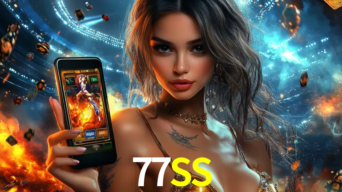 Mulher segurando um celular com um jogo de slot em destaque, tendo como fundo um estádio vibrante, simbolizando a emoção de jogar no cassino móvel 77SS.