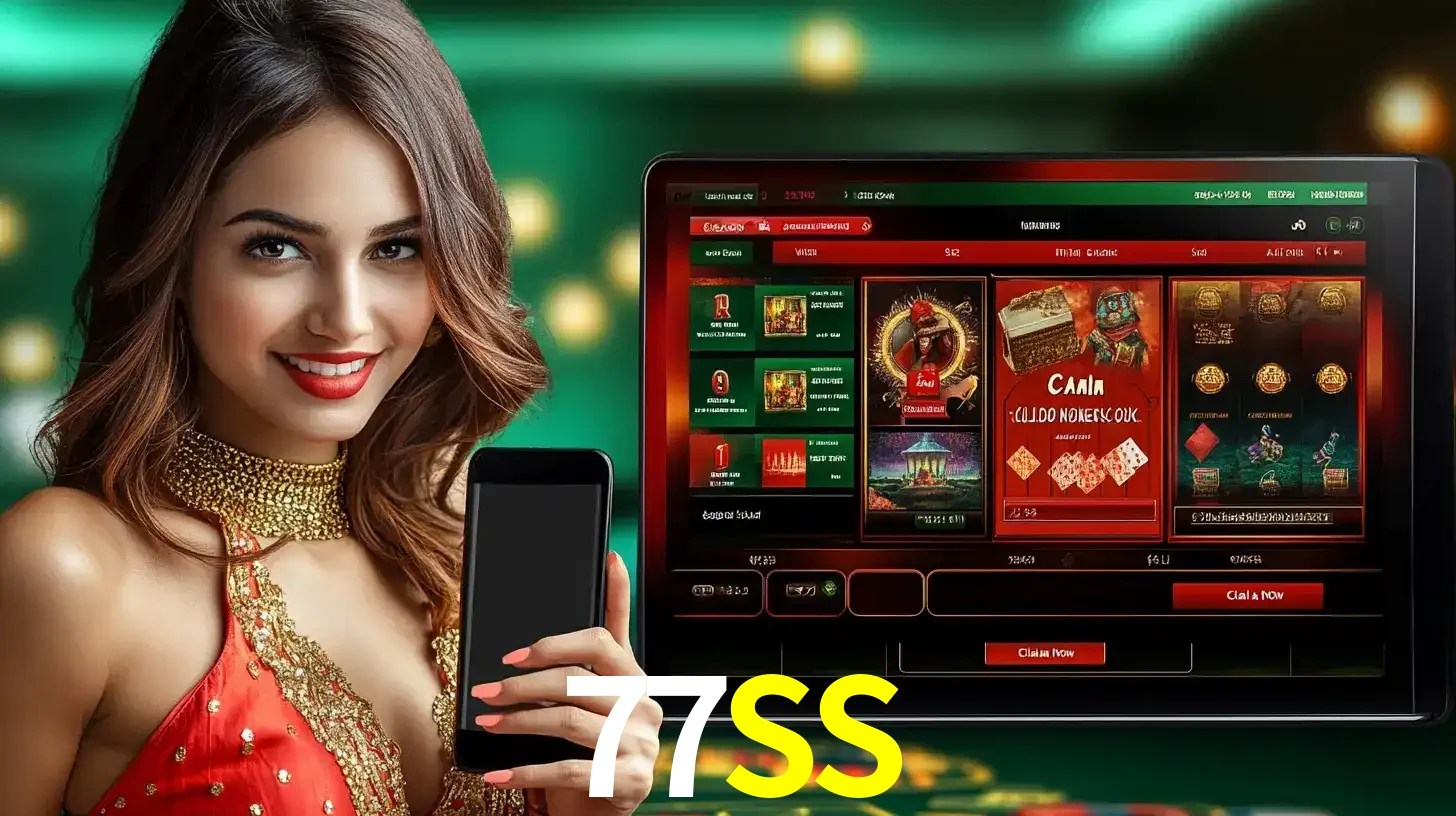 Mulher sorridente segurando um smartphone, ao lado de uma tela exibindo o lobby de jogos do cassino online 77SS, com várias opções de jogos de cartas e slots.